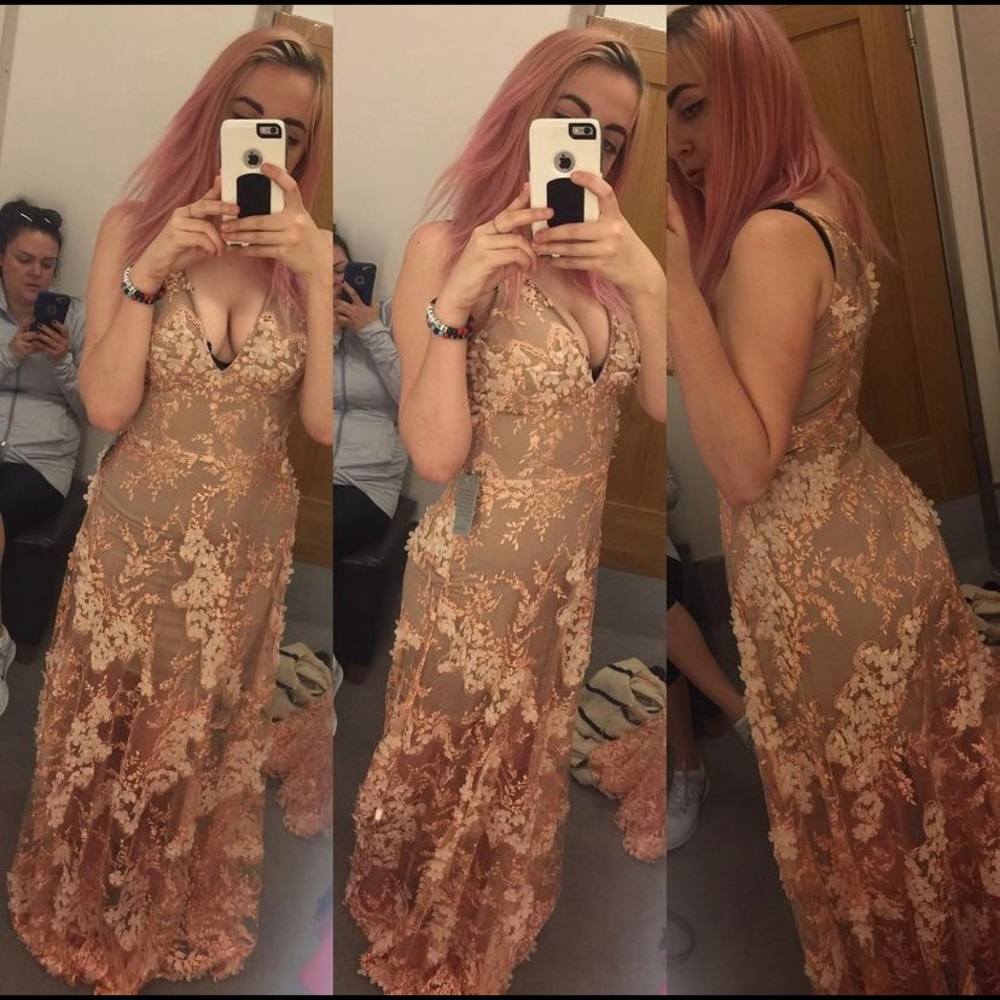 Rose Gold Prom Dress Floral Lace Gown ‘Dress the Population’